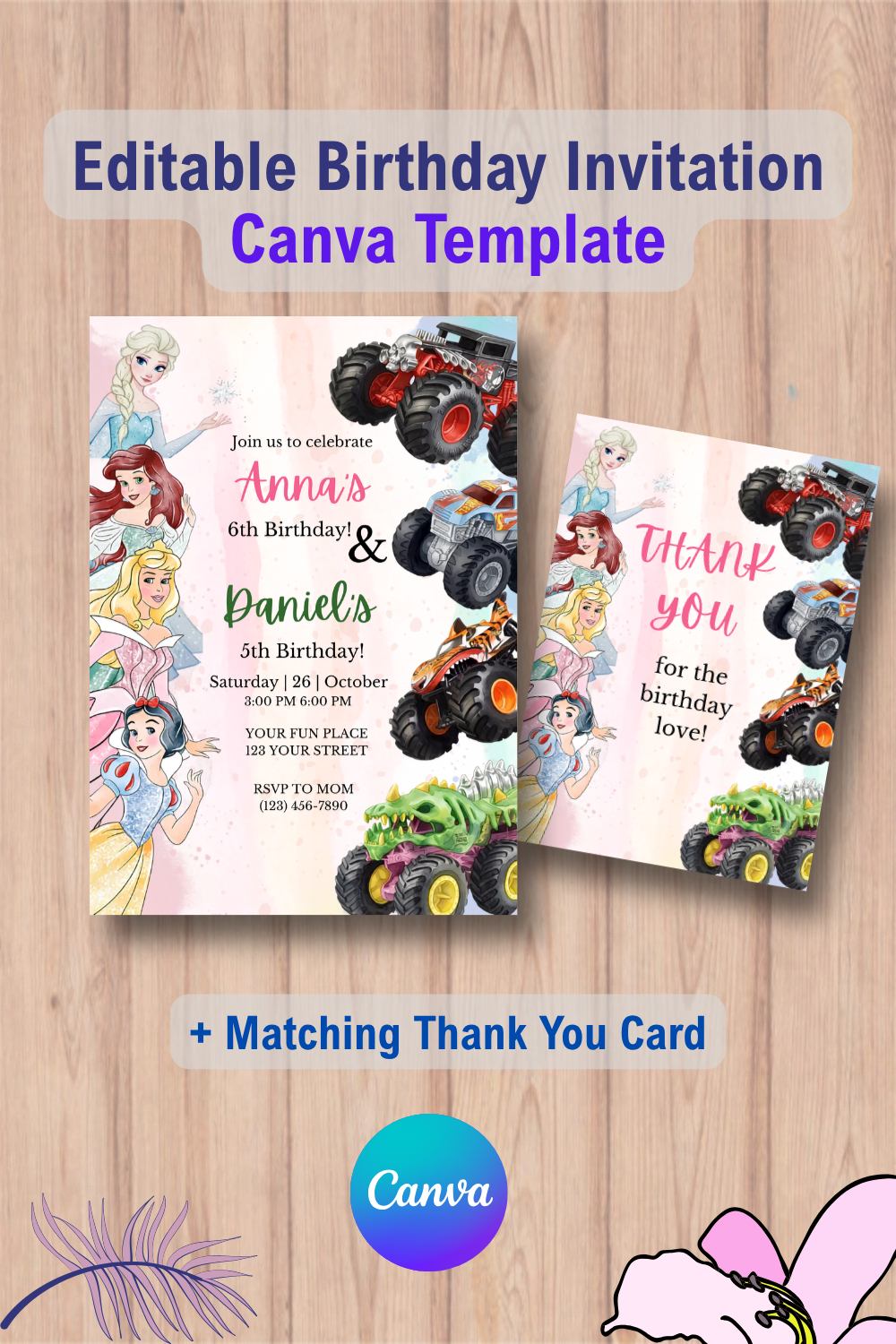 1093 Double Monster Truck and Princesses Birthday Invitation Template with Thank you Card Canva Template