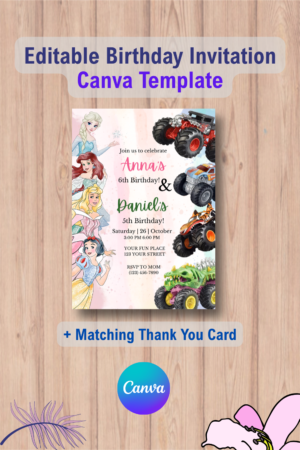Monster Truck and Princesses Birthday Invitation Template with Thank you Card
