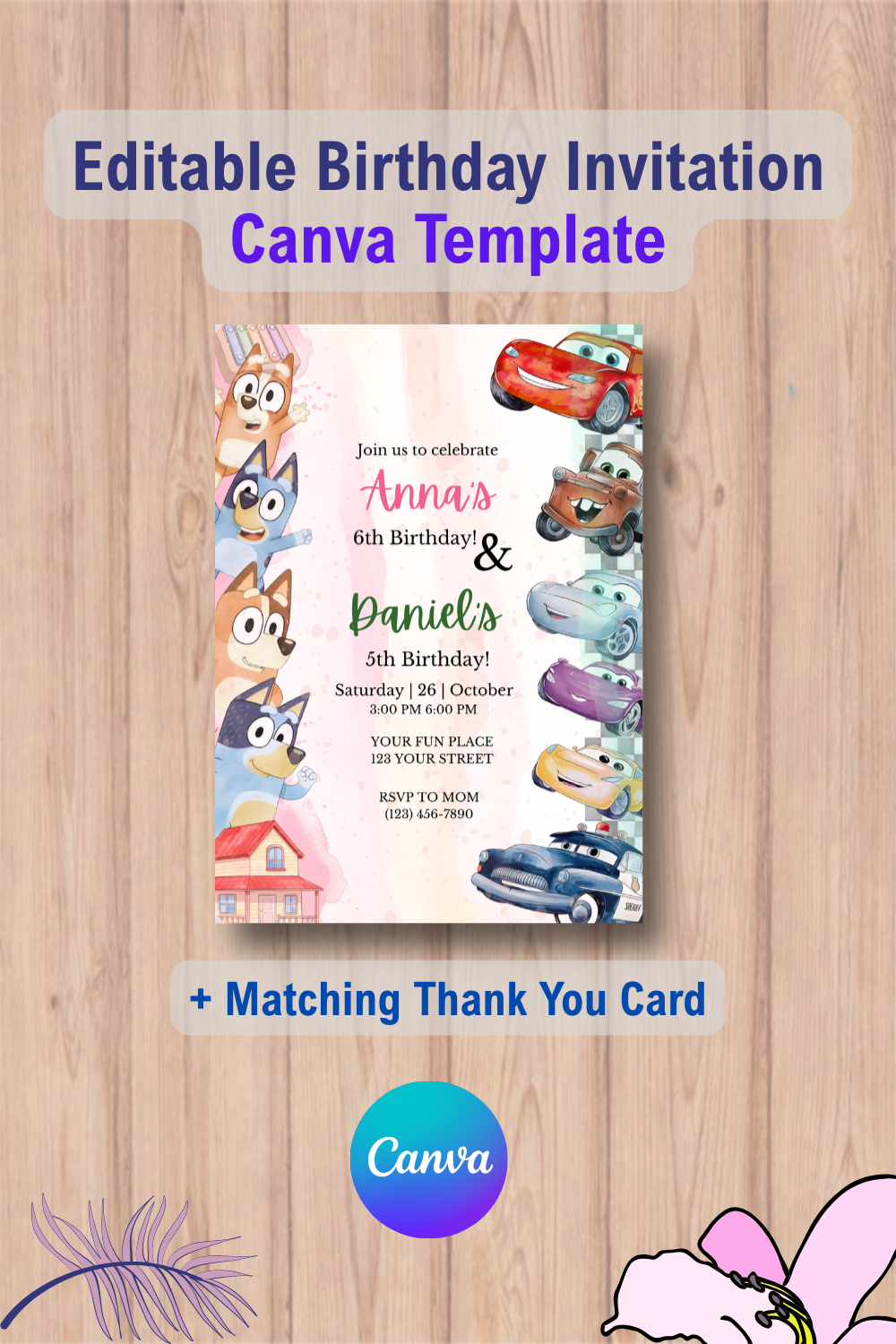 Blue Puppy and Disney Cars Birthday Invitation Template with Thank you Card 2 1094 Double Blue Puppy and Cars Birthday Invitation Template with Thank you Card - Themed Ideas