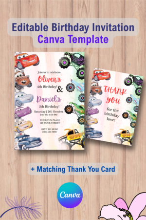 Disney Cars and Monster Truck Birthday Invitation Template with Thank you Card 10 1095-Double-Cars-and-Monster-Truck-Birthday-Invitation-Template-with-Thank-you-Card Canva Template