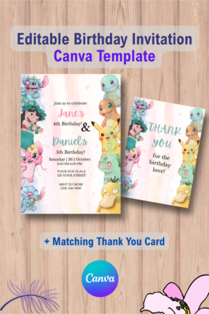Lilo & Stitch and Pokémon Birthday Invitation Template with Thank you Card 2 1096 Double Lilo & Stitch 2 and Pokémon 2 Birthday Invitation Template with Thank you Card Canva Template