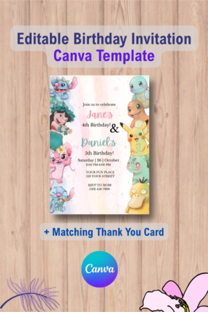 Lilo & Stitch and Pokémon Birthday Invitation Template with Thank you Card