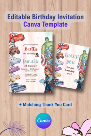 Disney Cars and Superheroes Birthday Invitation Template with Thank you Card 3 1097 Disney Cars and Superheroes Birthday Invitation Template with Thank you Card Canva Template