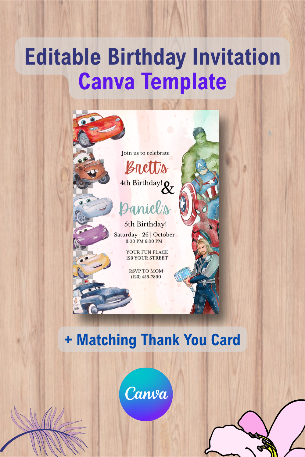 1097 Disney Cars and Superheroes Birthday Invitation Template with Thank you Card Canva Template