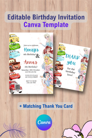 Cars and Princesses Birthday Invitation Template with Thank you Card 5 1098 Cars and Princesses Birthday Invitation Template with Thank you Card