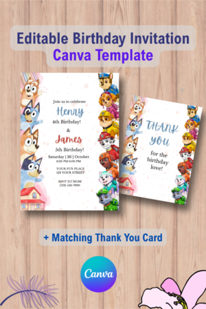 Blue Puppy and Paw Patrol Birthday Invitation Template with Thank you Card 5 1099 Double Blue Puppy and Paw Patrol Birthday Invitation Template with Thank you Card Canva Template