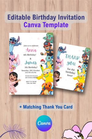 Lilo & Stitch and Pokémon Birthday Invitation Template with Thank you Card 1 1100 Double Lilo & Stitch and Pokémon Birthday Invitation Template with Thank you Card Canva Template