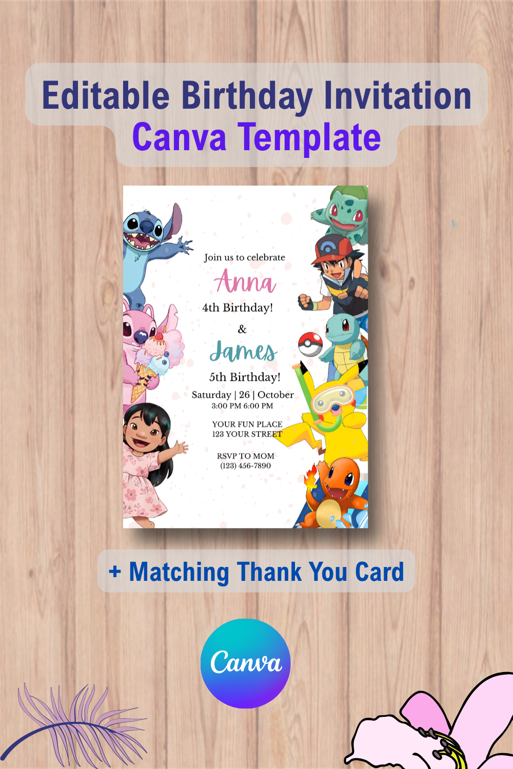 Lilo & Stitch and Pokémon Birthday Invitation Template with Thank you Card 2 1100 Double Lilo & Stitch and Pokémon Birthday Invitation Template with Thank you Card Canva Template