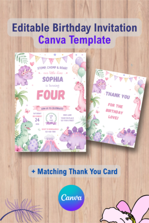 Dino Four Birthday Invitation, Dinosaur 4th Birthday Invitation with Thank You Card