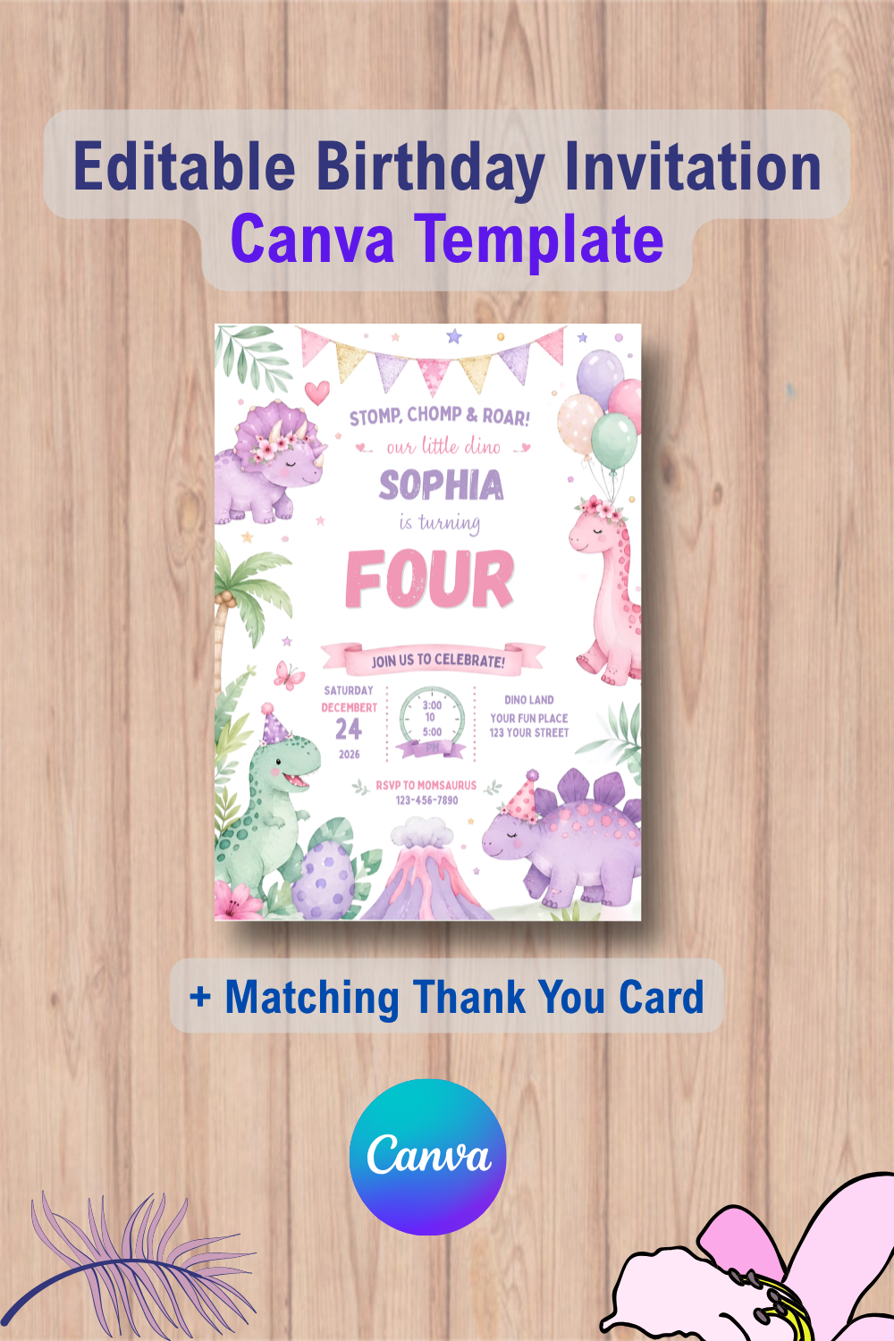 Dino Four Birthday Invitation, Dinosaur 4th Birthday Invitation with Thank You Card 1 1101 Dino Four Birthday Invitation, Dinosaur 4th Birthday Invitation with Thank You Card Canva Template