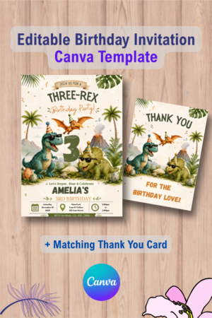 Dinosaur 3rd Birthday Invitation with Thank You Card