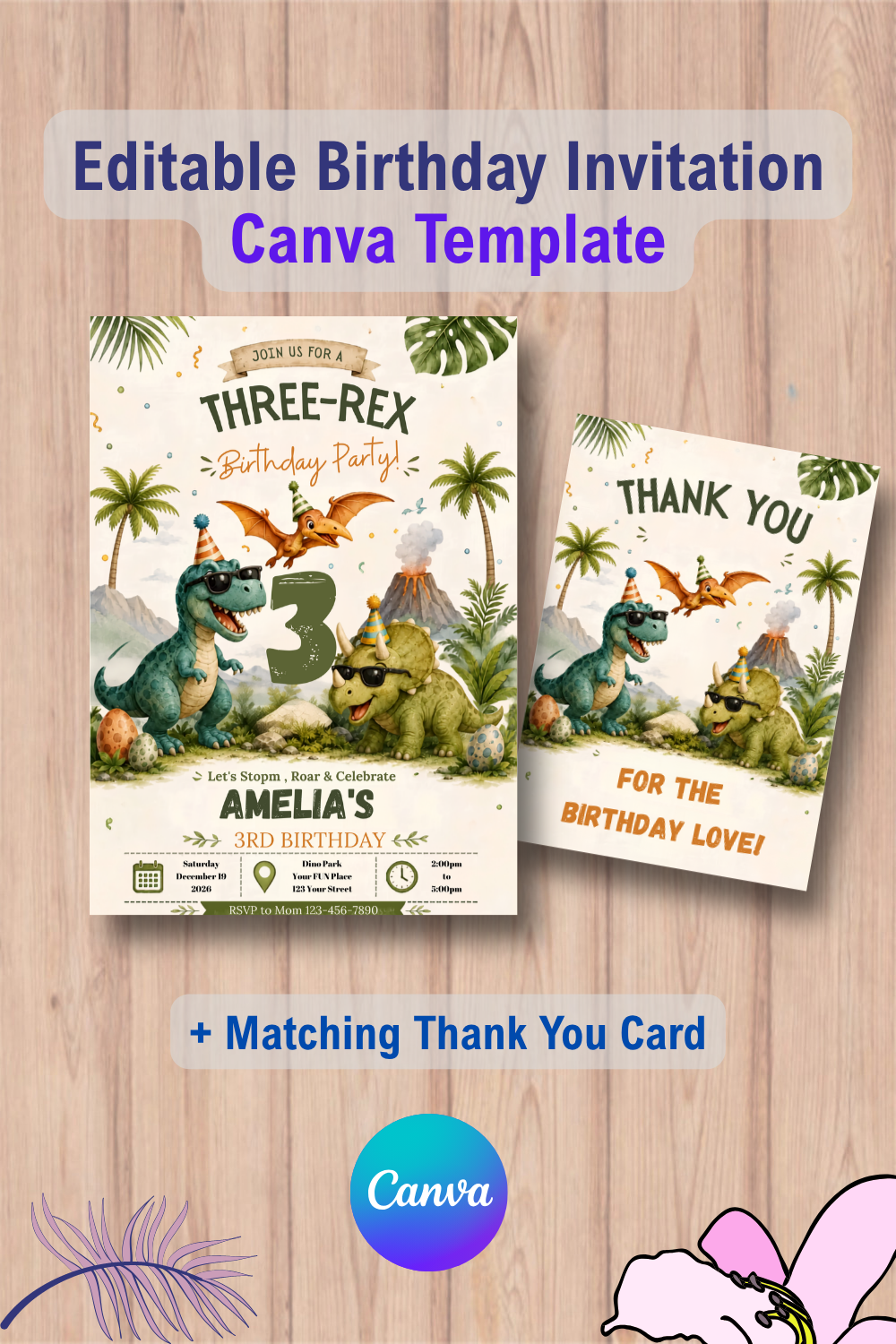 Dinosaur 3rd Birthday Invitation with Thank You Card 3 1102 Dinosaur 3rd Birthday Invitation with Thank You Card Canva Template