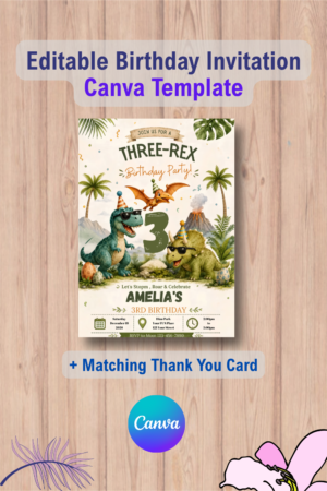 Dinosaur 3rd Birthday Invitation with Thank You Card