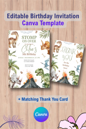 Dinosaur Birthday Invitation, Dino Party Invite with Thank You Card 10 1103 Dinosaur Birthday Invitation, Dino Party Invite with Thank You Card Canva Template