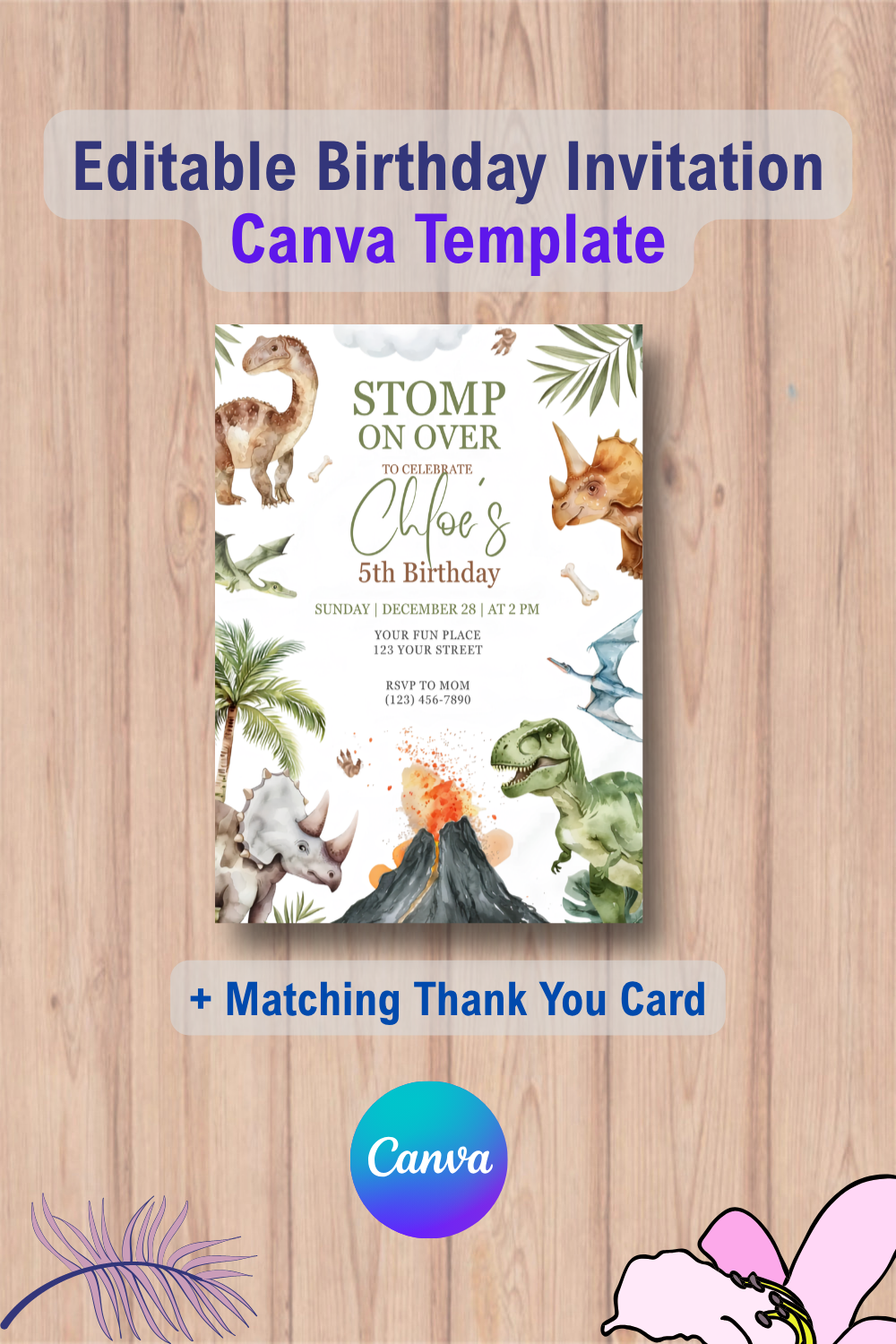 Dinosaur Birthday Invitation, Dino Party Invite with Thank You Card 2 1103 Dinosaur Birthday Invitation, Dino Party Invite with Thank You Card Canva Template