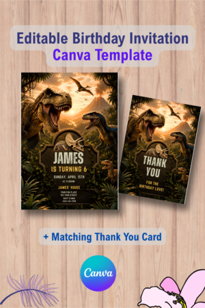 Dinosaur Birthday Invitation, Editable T-Rex Dino World Party Invite with Thank You Card 8 1104 Dinosaur Birthday Invitation, Editable T Rex Dino World Party Invite with Thank You Card Canva Template