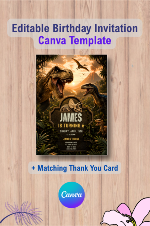 Dinosaur Birthday Invitation, Editable T-Rex Dino World Party Invite with Thank You Card