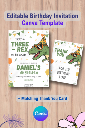 Dinosaur Birthday Invitation, Three Rex 3rd Birthday Invite Template with Thank You Card 5 1105-Dinosaur-Birthday-Invitation-Three-Rex-3rd-Birthday-Invite-Template-with-Thank-You-Card Canva Template