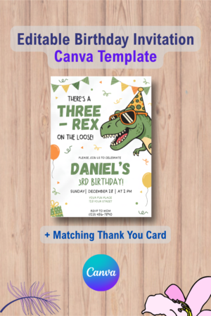 Dinosaur Birthday Invitation, Three Rex 3rd Birthday Invite Template with Thank You Card