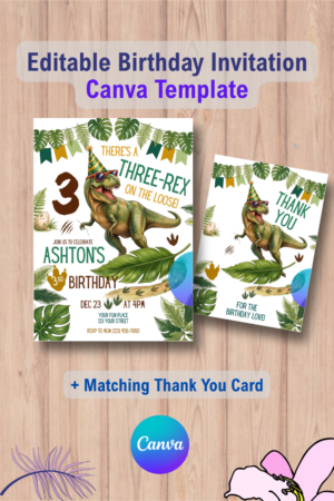 Dinosaur Birthday Invitation, Three Rex Birthday Dino Party, T-Rex Invitation with Thank You Card 6 1106 Dinosaur Birthday Invitation, Three Rex Birthday Dino Party, T-Rex Invitation with Thank You Card Canva Template