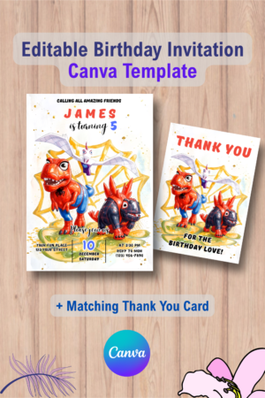 Dinosaur Superhero Birthday Invitation Template with Thank You Card 8 1107 Dinosaur Superhero Birthday Invitation Template with Thank You Card Canva Template