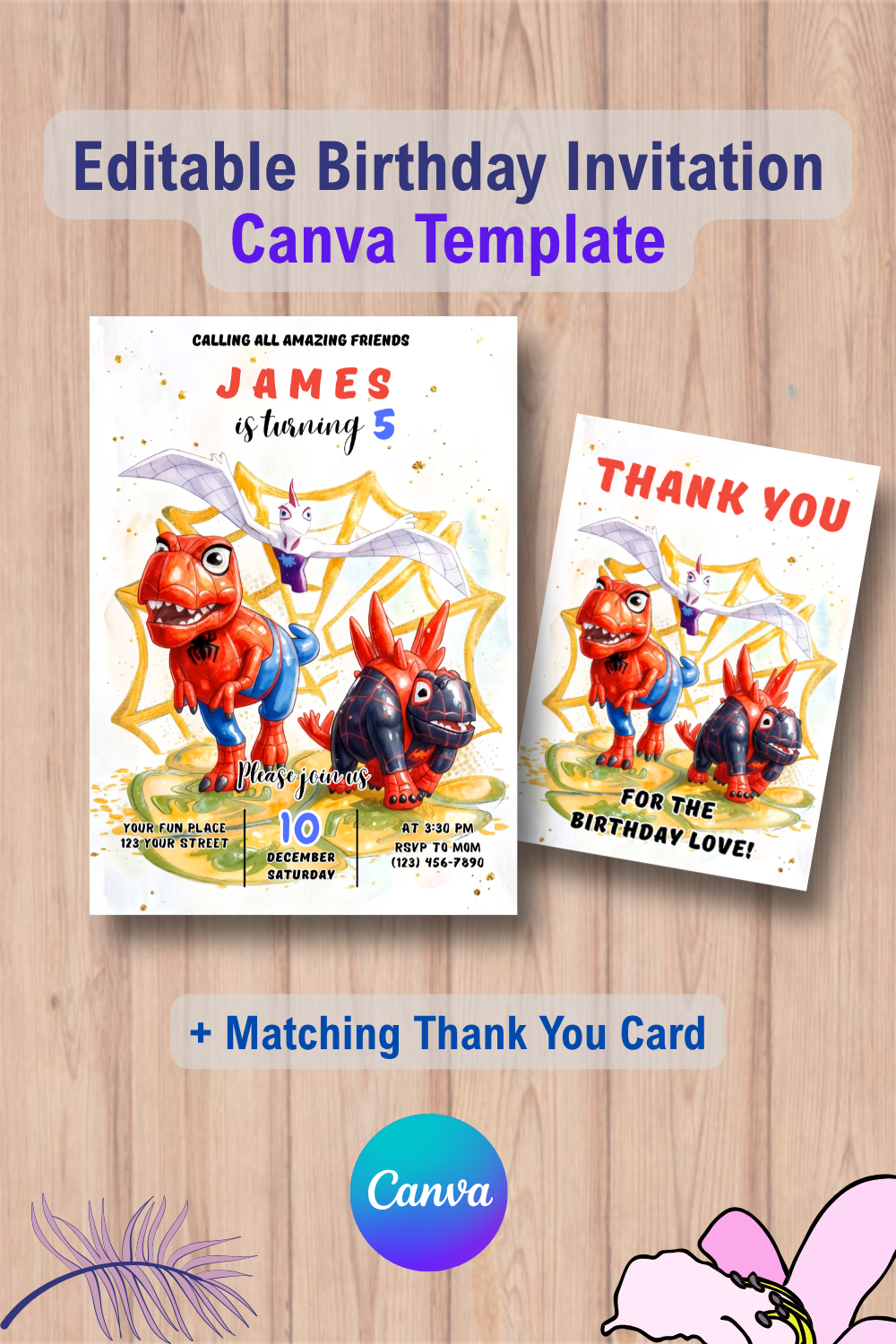 Dinosaur Superhero Birthday Invitation Template with Thank You Card 2 1107 Dinosaur Superhero Birthday Invitation Template with Thank You Card Canva Template