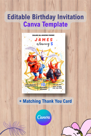 Dinosaur Superhero Birthday Invitation Template with Thank You Card