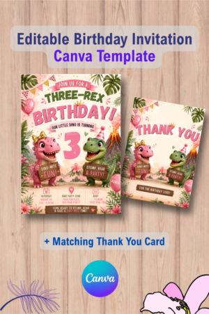 Editable Dinosaur Birthday Invitation Girl, Three Rex Birthday Invitation with Thank You Card 8 1108 Editable Dinosaur Birthday Invitation Girl, Three Rex Birthday Invitation with Thank You Card Canva Template