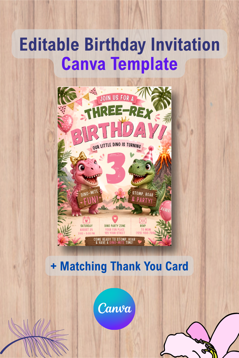 Editable Dinosaur Birthday Invitation Girl, Three Rex Birthday Invitation with Thank You Card 2 1108 Editable Dinosaur Birthday Invitation Girl, Three Rex Birthday Invitation with Thank You Card Canva Template
