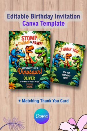Dinosaur Birthday Party Invitation, Editable T-Rex Party Invite with Thank You Card 3 1109 Dinosaur Birthday Party Invitation, Editable T-Rex Party Invite with Thank You Card Canva Template