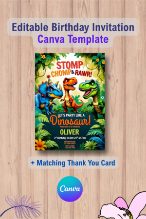 Dinosaur Birthday Party Invitation, Editable T-Rex Party Invite with Thank You Card