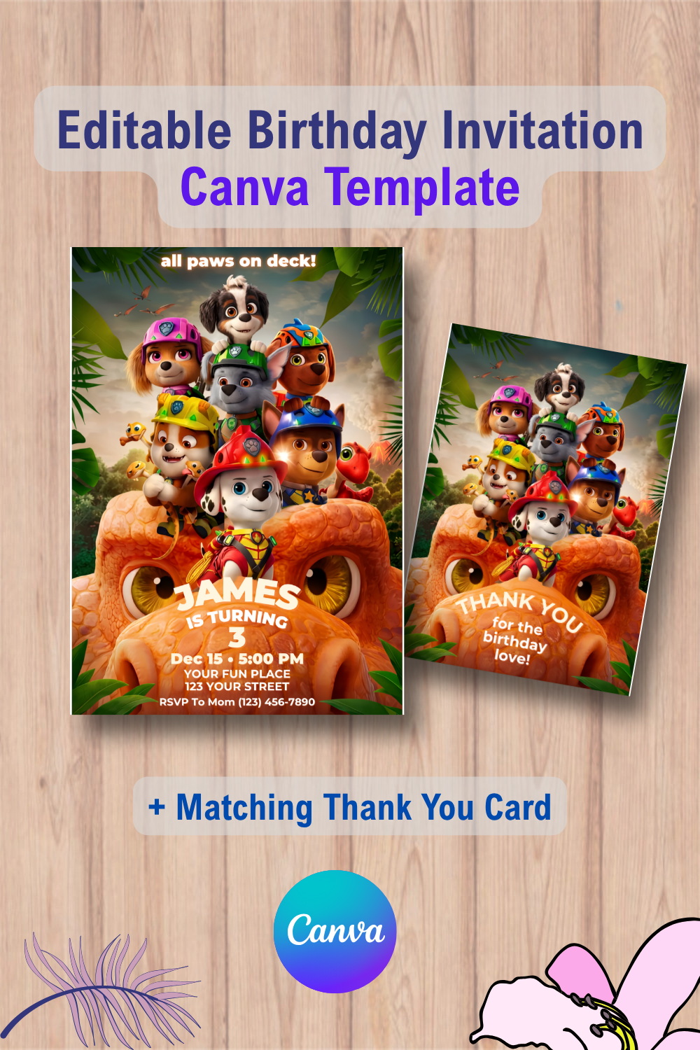 Paw-ty Birthday Invitation, Dino Rescue Paws Birthday Invite with Thank You Card 3 1110 Paw-ty Birthday Invitation, Dino Rescue Paws Birthday Invite with Thank You Card Canva Template