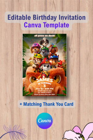 Paw-ty Birthday Invitation, Dino Rescue Paws Birthday Invite with Thank You Card