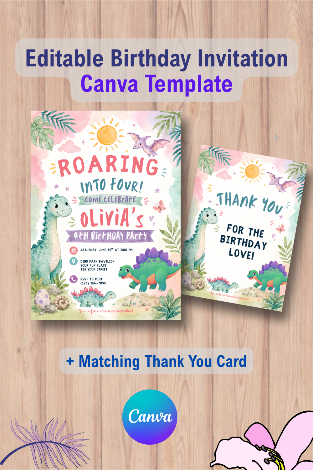 Dinosaur Birthday Invitation with Thank You Card 2 1111 Dinosaur Birthday Invitation with Thank You Card Canva Template