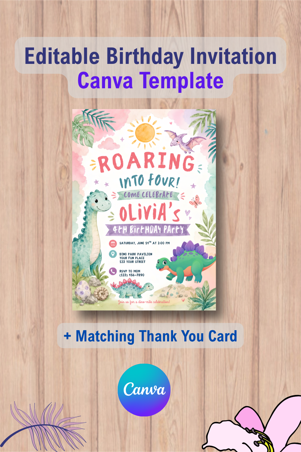 1111 Dinosaur Birthday Invitation with Thank You Card Canva Template