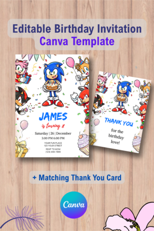 1112 Sonic The Hedgehog Birthday Cake Invitation with Thank You Card Canva Template