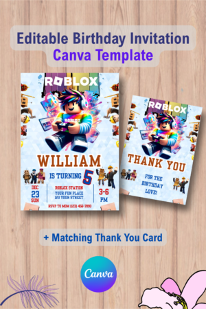 Roblox Invitation, Roblox Invite, Game Party, with Thank You Card 9 1113 Roblox Invitation, Roblox Invite, Game Party, with Thank You Card Canva Template