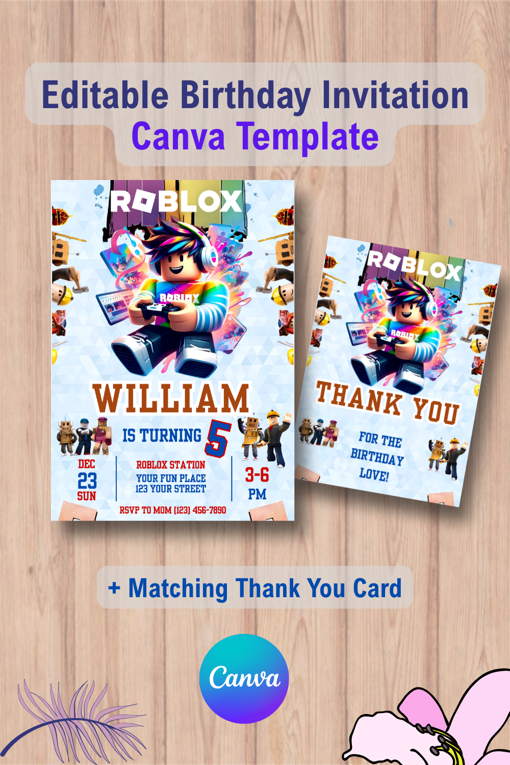 Roblox Invitation, Roblox Invite, Game Party, with Thank You Card 2 1113 Roblox Invitation, Roblox Invite, Game Party, with Thank You Card Canva Template