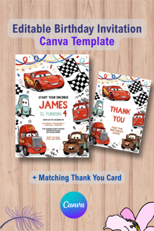Race Car Birthday Party Invite with Thank You Card 7 1114 Race Car Birthday Party Invite with Thank You Card Canva Template