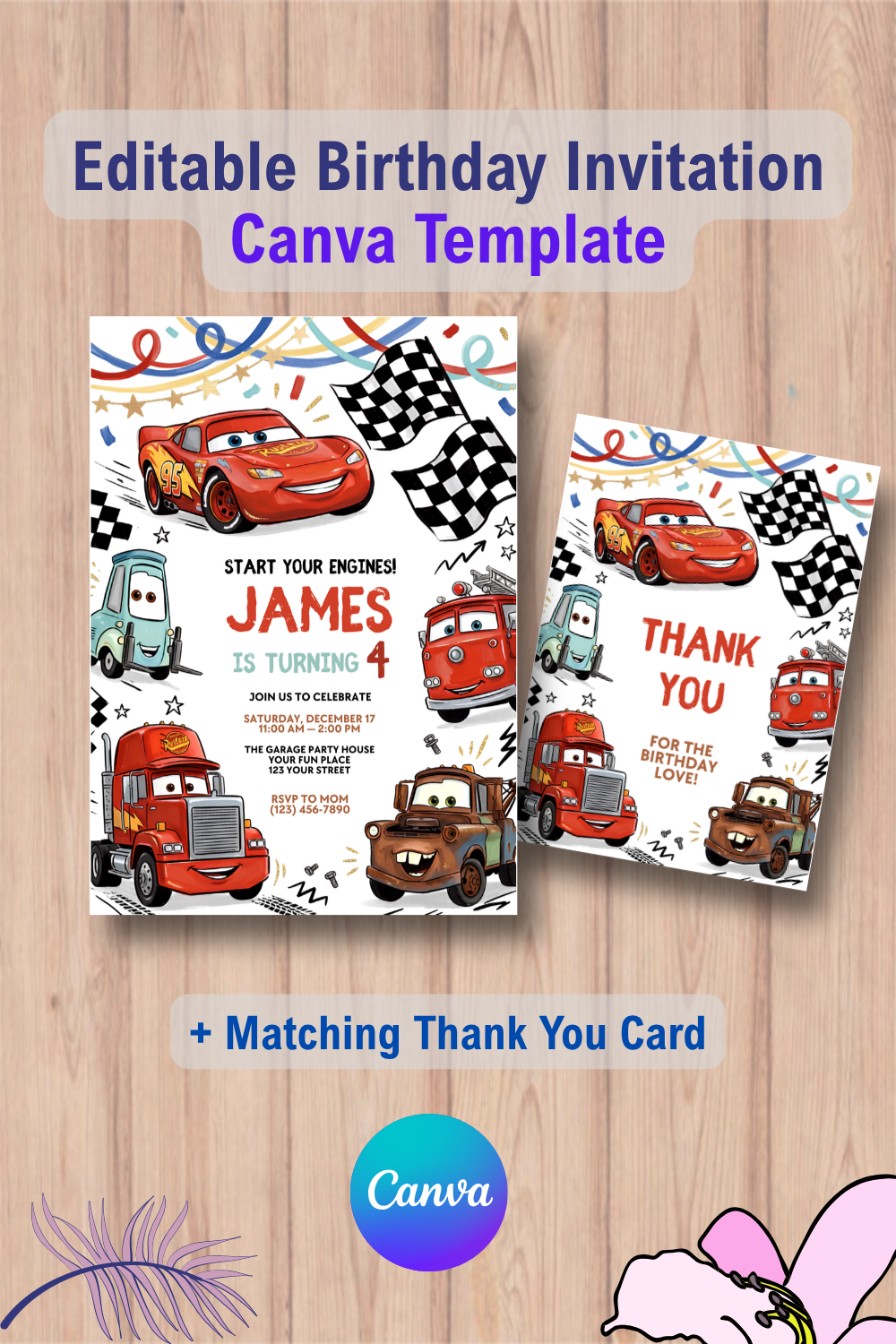 Race Car Birthday Party Invite with Thank You Card 2 1114 Race Car Birthday Party Invite with Thank You Card Canva Template