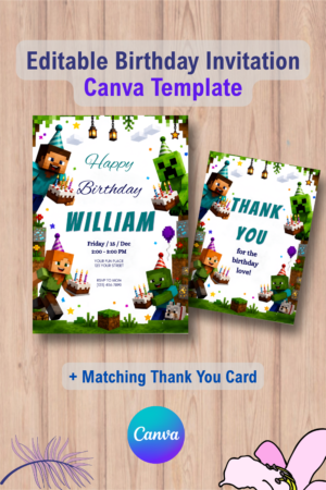 1115 Pixel Block Birthday Invitation, Minecraft Party Template with Thank You Card Canva Template