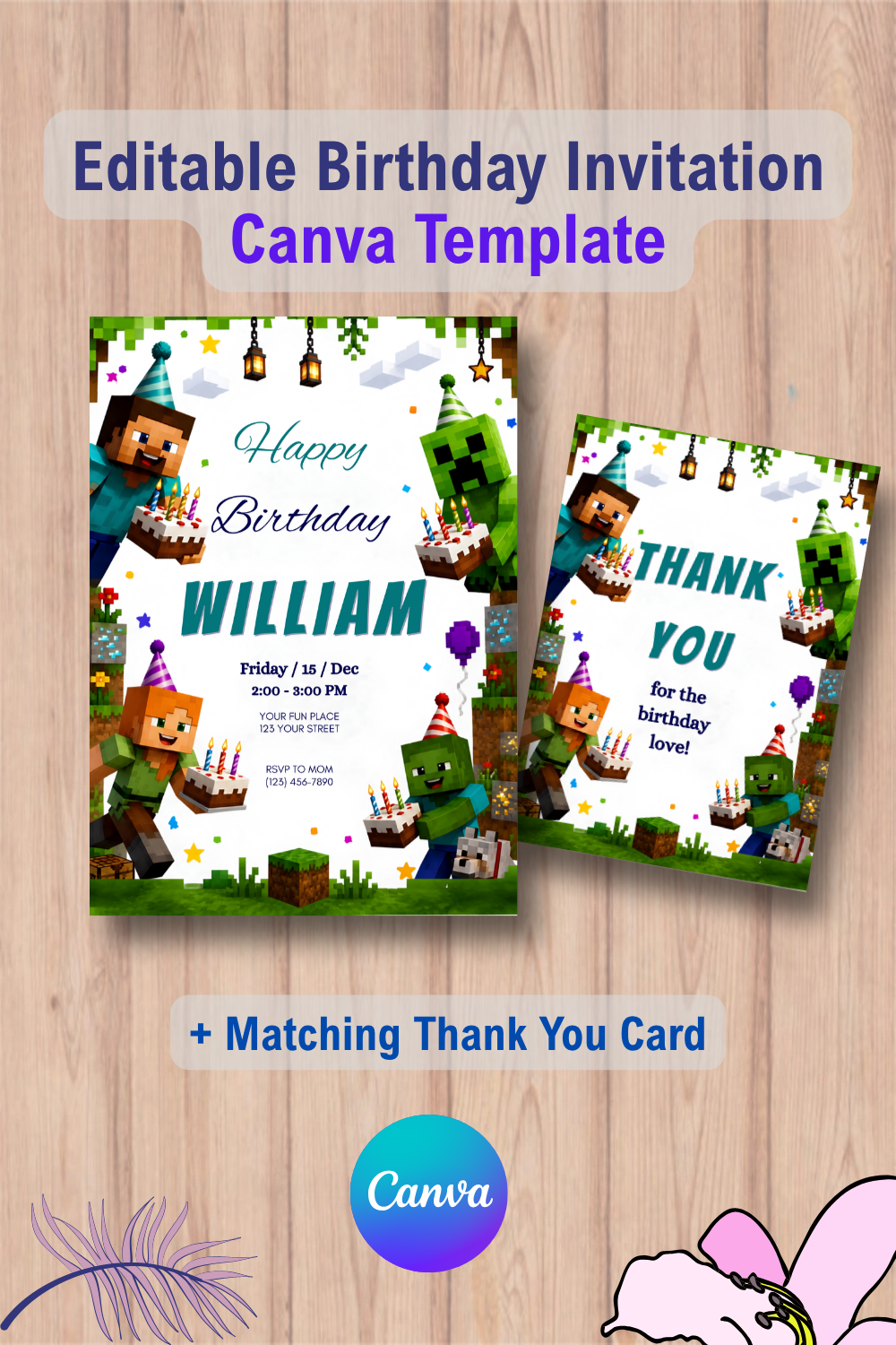 1115 Pixel Block Birthday Invitation, Minecraft Party Template with Thank You Card Canva Template