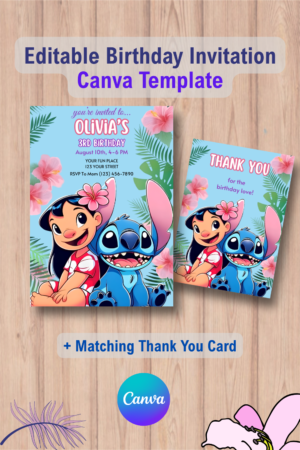 Lilo and Stitch Birthday Invitation with Thank You Card 4 1116 Lilo and Stitch Birthday Invitation with Thank You Card Canva Template