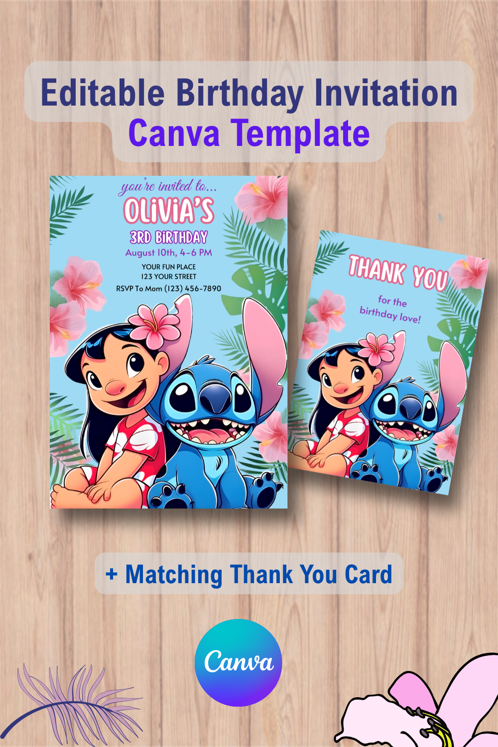 1116 Lilo and Stitch Birthday Invitation with Thank You Card Canva Template