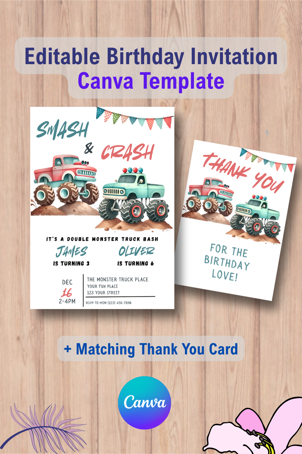 Monster Truck Birthday Invitation with Thank You Card 2 1117 Monster Truck Birthday Invitation with Thank You Card Canva Template