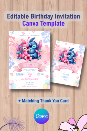 Stitch and Angel Birthday Invitationws with Thank You Card
