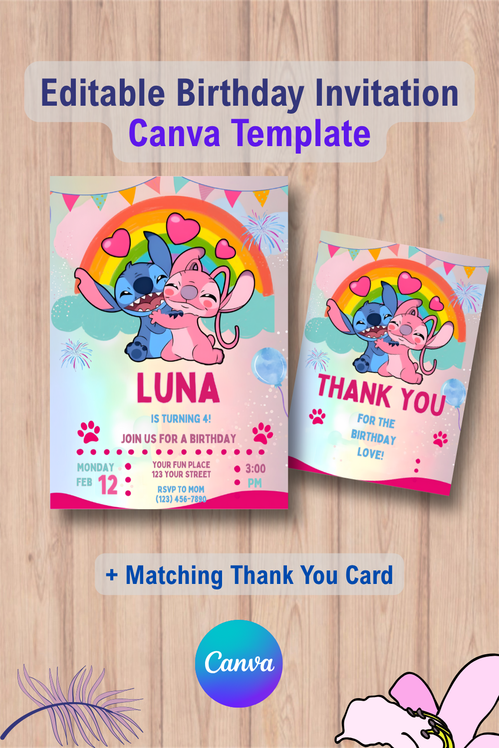 Stitch and Angel Birthday Invitation with Thank You Card 2 1119 Stitch and Angel Birthday Invitation with Thank You Card Canva Template