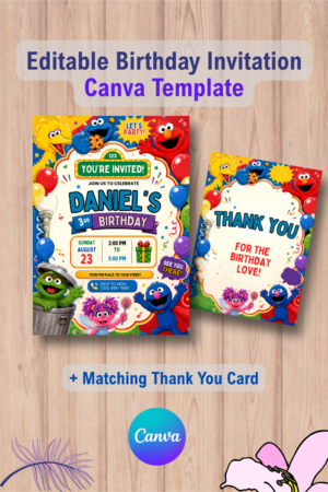 Sesame Street Birthday Invitation with Thank You Card 3 1120 Sesame Street Birthday Invitation with Thank You Card Canva Template