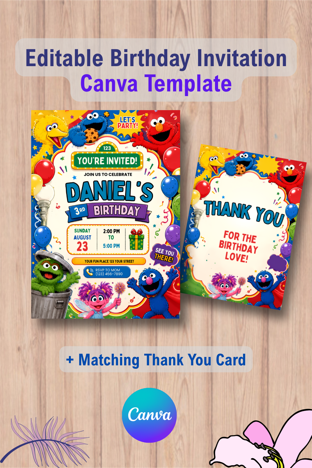Sesame Street Birthday Invitation with Thank You Card 2 1120 Sesame Street Birthday Invitation with Thank You Card Canva Template