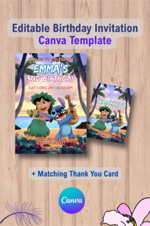 Editable Stitch Birthday Party Invitation Template with Thank You Card 9 1124 Editable Stitch Birthday Party Invitation Template with Thank You Card Canva Template